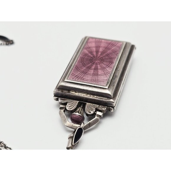 Vintage Art Deco Sterling Silver Black & Purple Enamel Pendant Watch Necklace - Picture 12 of 16